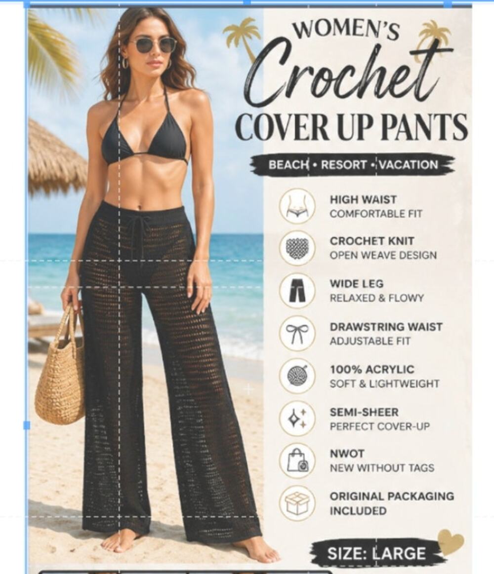 Black Crochet Knit Beach Cover Up Pants High Waist Wide Leg L NWOT